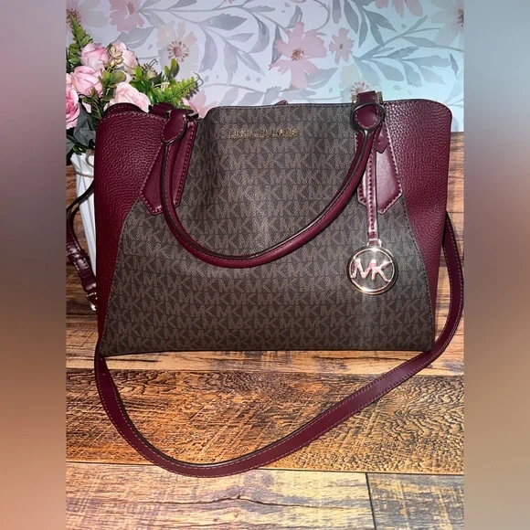 Michael Kors Red and Brown Shoulder Bag with Monogram Print EUC - Picture 1 of 6